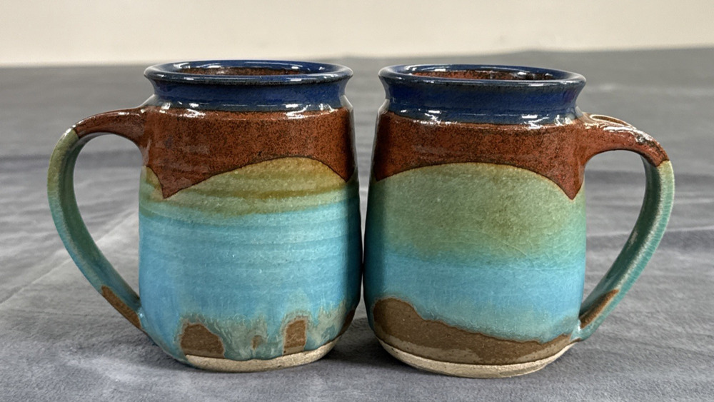Studio Art Pottery Mug Set Hand Thrown Blue. Green Rust Signed Bnfts Charity